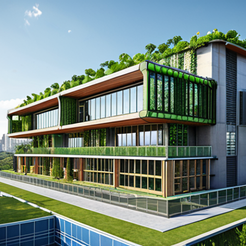 **

> An architectural blueprint of a sustainable building with visible BIM integration. Focus on energy-efficient design, modern materials, and a green, eco-friendly aesthetic. Include detailed sections showcasing the building's systems and a cityscape background.

**