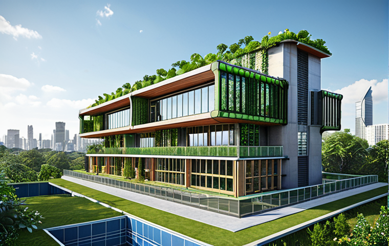 **

> An architectural blueprint of a sustainable building with visible BIM integration. Focus on energy-efficient design, modern materials, and a green, eco-friendly aesthetic. Include detailed sections showcasing the building's systems and a cityscape background.

**