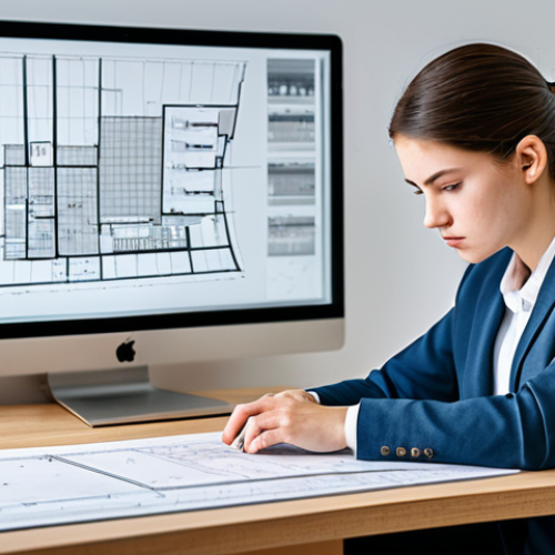 A focused and determined female architecture student, in a professional setting, seated at a modern desk. She is intently reviewing complex architectural plans on a large monitor, with a subtle digital clock visible in the background indicating time progression. Her hands are actively positioned near a computer mouse and keyboard, suggesting precise work. The desk is organized with essential architect tools such as a scale ruler and a design tablet. The lighting is bright and clean, creating a productive and serious atmosphere. She is fully clothed in a professional blazer and blouse, appropriate attire, with modest clothing. The image should convey a sense of calm intensity and focused effort under professional pressure, highlighting efficiency rather than distress. safe for work, appropriate content, perfect anatomy, correct proportions, natural pose, well-formed hands, proper finger count, natural body proportions, professional photography, high quality, highly detailed, realistic, cinematic lighting.