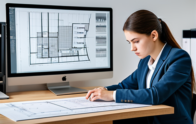 A focused and determined female architecture student, in a professional setting, seated at a modern desk. She is intently reviewing complex architectural plans on a large monitor, with a subtle digital clock visible in the background indicating time progression. Her hands are actively positioned near a computer mouse and keyboard, suggesting precise work. The desk is organized with essential architect tools such as a scale ruler and a design tablet. The lighting is bright and clean, creating a productive and serious atmosphere. She is fully clothed in a professional blazer and blouse, appropriate attire, with modest clothing. The image should convey a sense of calm intensity and focused effort under professional pressure, highlighting efficiency rather than distress. safe for work, appropriate content, perfect anatomy, correct proportions, natural pose, well-formed hands, proper finger count, natural body proportions, professional photography, high quality, highly detailed, realistic, cinematic lighting.