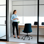 A professional woman, fully clothed in a modest business casual outfit, stands in a modern, multi-functional living space. A sleek, light-colored sliding wall is partially open, revealing a minimalist home office setup with an integrated desk and a computer screen. The room features built-in storage solutions and subtle smart lighting fixtures that emit a warm, ambient glow. Ample natural light streams in from a large window. The overall aesthetic is clean, organized, and highly efficient. safe for work, appropriate content, family-friendly, professional, perfect anatomy, correct proportions, natural pose, well-formed hands, proper finger count, natural body proportions, high-quality digital photography.