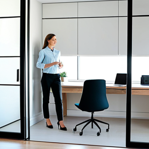 A professional woman, fully clothed in a modest business casual outfit, stands in a modern, multi-functional living space. A sleek, light-colored sliding wall is partially open, revealing a minimalist home office setup with an integrated desk and a computer screen. The room features built-in storage solutions and subtle smart lighting fixtures that emit a warm, ambient glow. Ample natural light streams in from a large window. The overall aesthetic is clean, organized, and highly efficient. safe for work, appropriate content, family-friendly, professional, perfect anatomy, correct proportions, natural pose, well-formed hands, proper finger count, natural body proportions, high-quality digital photography.