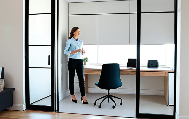 A professional woman, fully clothed in a modest business casual outfit, stands in a modern, multi-functional living space. A sleek, light-colored sliding wall is partially open, revealing a minimalist home office setup with an integrated desk and a computer screen. The room features built-in storage solutions and subtle smart lighting fixtures that emit a warm, ambient glow. Ample natural light streams in from a large window. The overall aesthetic is clean, organized, and highly efficient. safe for work, appropriate content, family-friendly, professional, perfect anatomy, correct proportions, natural pose, well-formed hands, proper finger count, natural body proportions, high-quality digital photography.